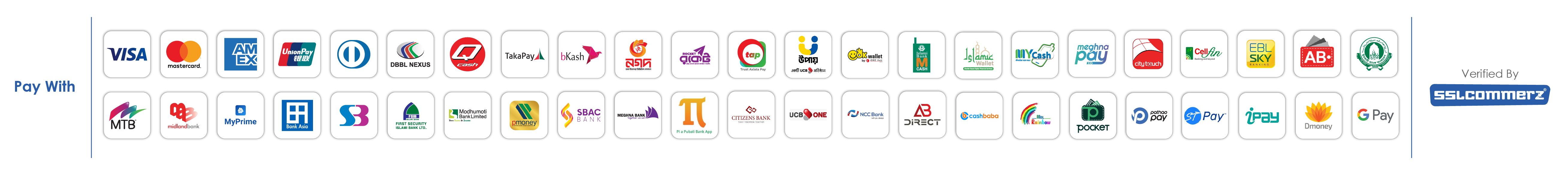 SSLCommerz Verified Payment Gateways - bKash, Nagad, Rocket, Upay, Visa, Mastercard, AMEX, DBBL Nexus, City Bank, Cellfin